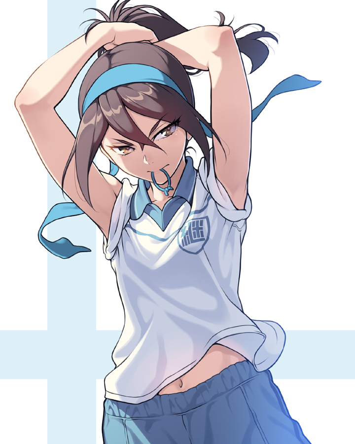 >:), 1girl, adjusting_hair, alternate_hairstyle, armpits, arms_up, blue_hairband, blue_shorts, brown_eyes, brown_hair, closed_mouth, emblem, finnish_flag, flag_background, girls_und_panzer, gym_uniform, hair_between_eyes, hair_tie, hairband, keizoku_(emblem), long_hair, looking_at_viewer, mika_(girls_und_panzer), mouth_hold, navel, pairan, ponytail, shirt, short_sleeves, shorts, sidelocks, sleeves_rolled_up, smile, solo, tsurime, two-tone_background, tying_hair, upper_body, v-shaped_eyebrows, white_shirt, wing_collar