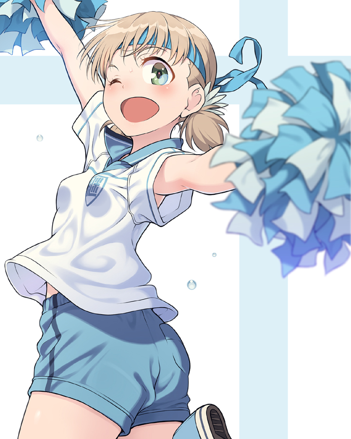 1girl, ;d, aki_(girls_und_panzer), armpit_peek, blonde_hair, blue_footwear, blue_hairband, blue_shorts