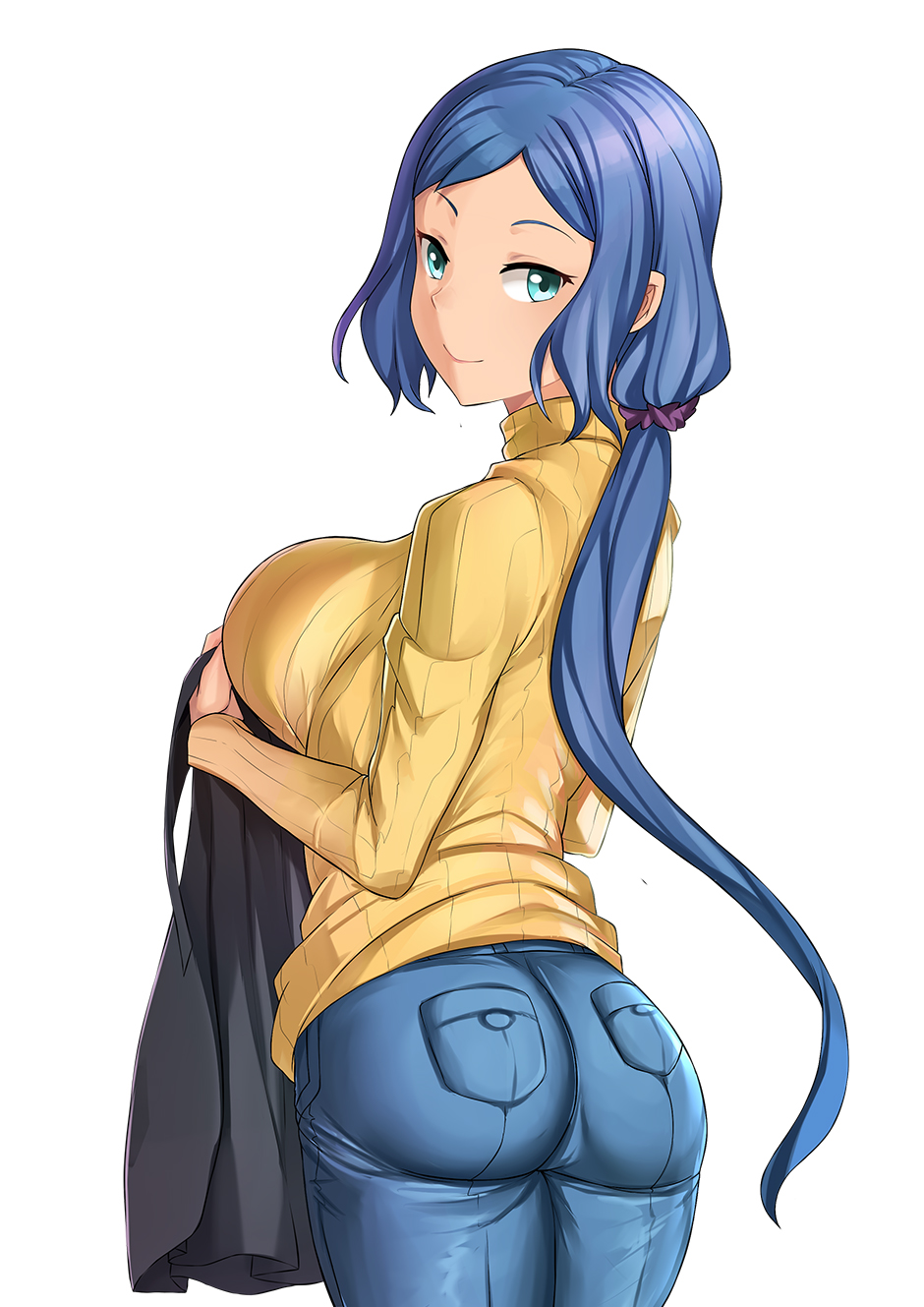 1girl, aori_sora, apron_removed, aqua_eyes, ass, black_apron, blue_hair, breasts, closed_mouth, denim, from_behind, gundam, gundam_build_fighters, highres, iori_rinko, jeans, large_breasts, long_hair, looking_at_viewer, looking_back, mature, pants, ponytail, simple_background, smile, solo, sweater, turtleneck, turtleneck_sweater, white_background, yellow_sweater