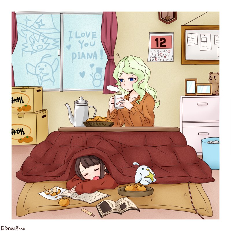 3girls, bird, calendar, clock, commentary_request, diana_cavendish, doll, drowsy