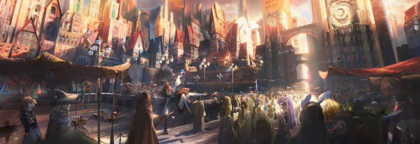 absurdres, artist_request, canal, city, commentary_request, crowd, diana_cavendish, festival, hat, highres, kagari_atsuko, lamppost, little_witch_academia, lotte_jansson, river, statue, sucy_manbavaran, witch, witch_hat