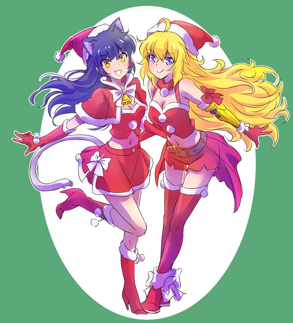 2girls, ahoge, animal_ears, belt, black_hair, blake_belladonna, blonde_hair, boots