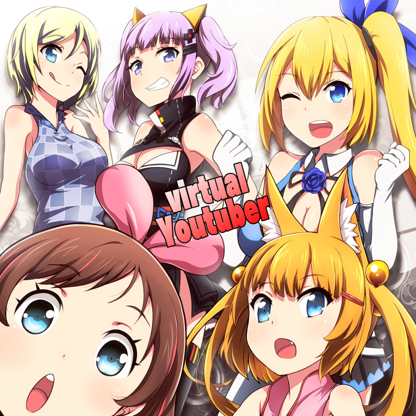 5girls, a.i._channel, bangs, blonde_hair, blue_eyes, blush, bow, breasts, brown_hair, character_request, commentary_request, dennou_shoujo_youtuber_shiro, eyebrows_visible_through_hair, hair_bow, hairband, highres, kaguya_luna, kaguya_luna_(character), kizuna_ai, kotori_photobomb, long_hair, looking_at_viewer, multicolored_hair, multiple_girls, one_eye_closed, open_mouth, parody, pink_bow, pink_hair, shiro_(dennou_shoujo_youtuber_shiro), siroyoutuber, smile, tom_(drpow), twintails