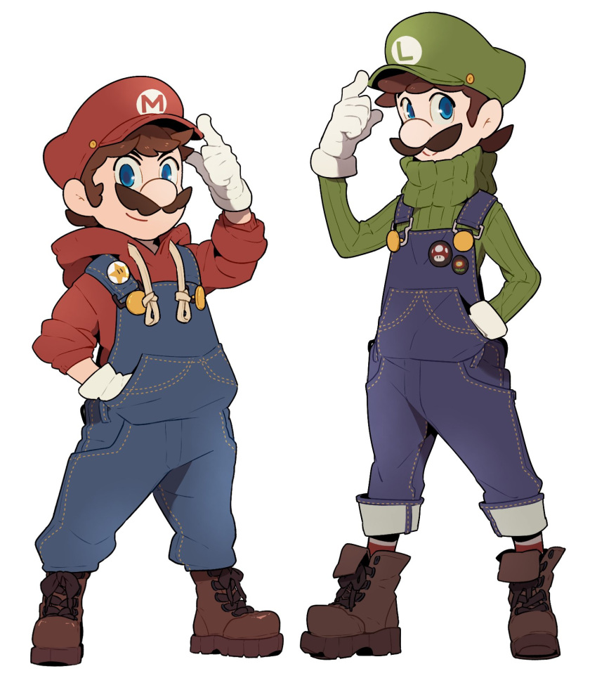 2boys, blue_eyes, brothers, brown_hair, full_body, gloves, hat, highres, looking_at_viewer, luigi, male_focus, mario, super_mario_bros., mario_bros., multiple_boys, overalls, redlhzz, short_hair, siblings, simple_background, smile, super_mario_bros., white_background