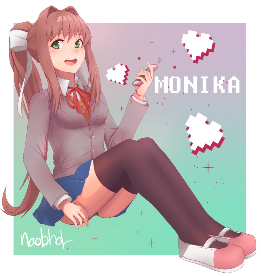 1girl, :d, arm_up, artist_name, bangs, black_legwear, bow, breasts