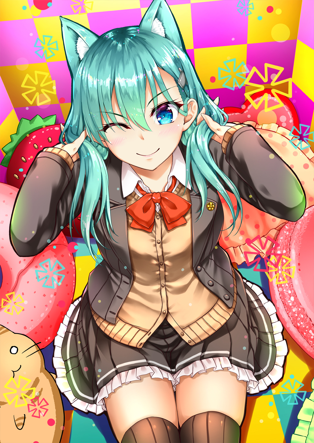 1girl, akizuki_akina, animal_ears, aqua_hair, arms_up, ascot, badge, bangs