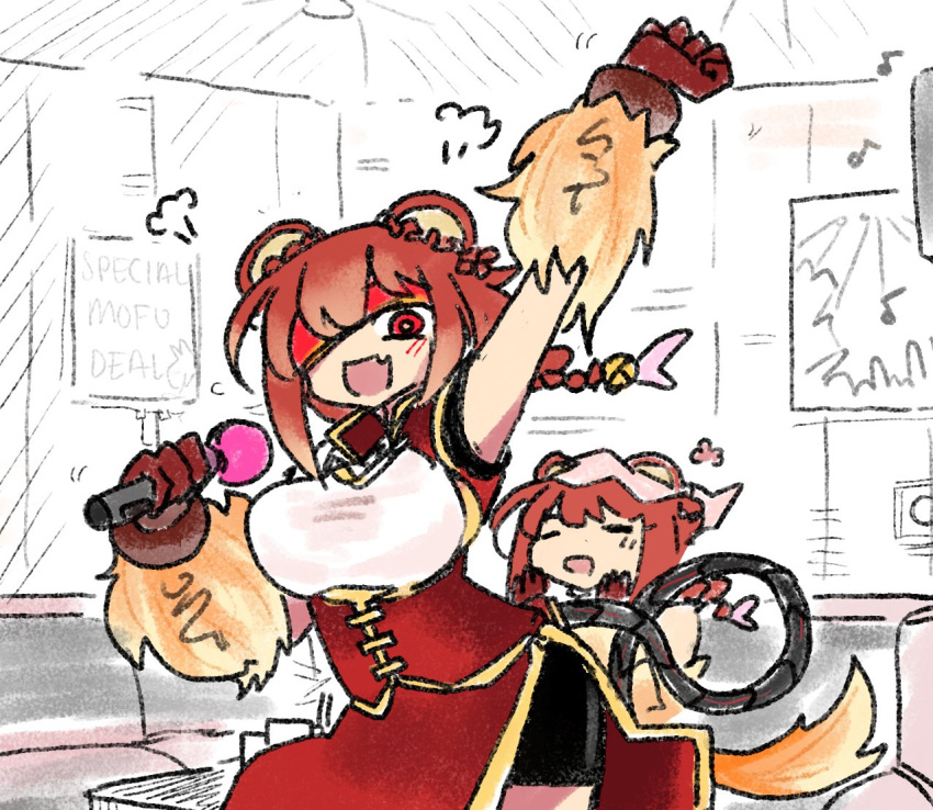 2girls, :d, animal_ears, arm_up, bike_shorts, blush, braid, breasts