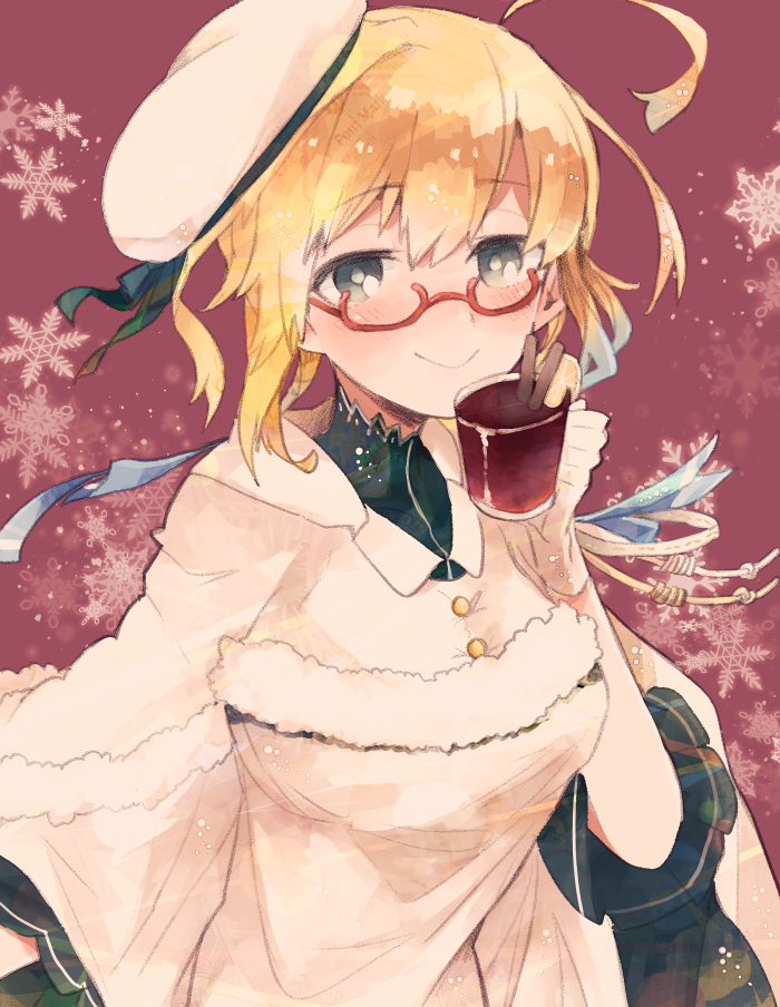 1girl, alcohol, blonde_hair, blue_ribbon, blush, cinnamon_stick, cup, dress