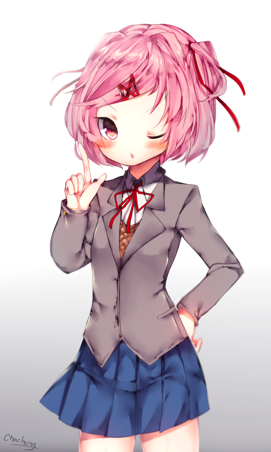 1girl, ;o, arm_up, artist_name, blazer, blue_skirt, blush, breasts, chachong_sama, collared_shirt, cowboy_shot, doki_doki_literature_club, eyebrows_visible_through_hair, finger_gun, gradient, gradient_background, grey_jacket, hair_ornament, hairclip, hand_on_hip, highres, jacket, long_sleeves, looking_at_viewer, natsuki_(doki_doki_literature_club), one_eye_closed, open_mouth, orange_vest, pink_eyes, pink_hair, red_neckwear, ribbon, school_uniform, shirt, short_hair, signature, simple_background, skirt, small_breasts, solo, standing, tsurime, vest, white_background, white_shirt