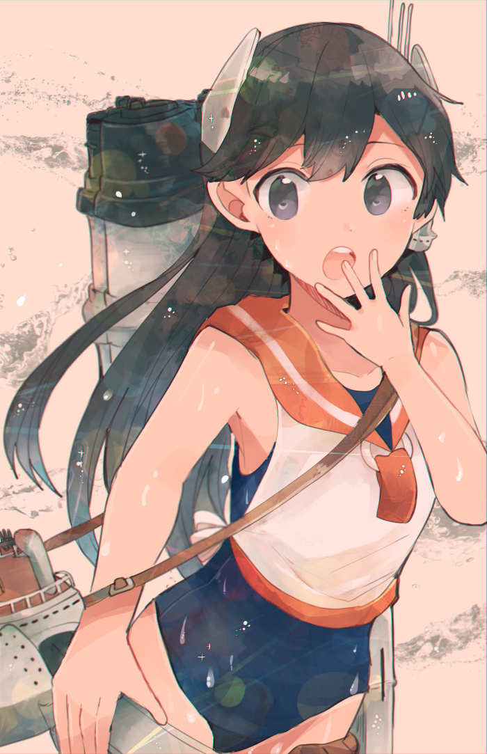 1girl, armpit_peek, black_eyes, black_hair, collarbone, hand_to_own_mouth, headgear, i-400_(kantai_collection)