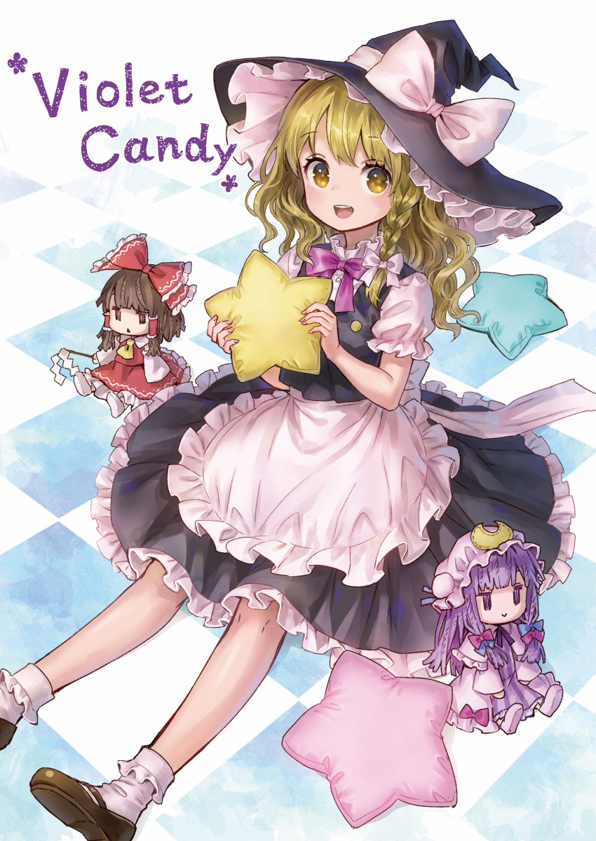 :>, :d, absurdres, ama-tou, apron, aqua_pillow, bangs, black_dress