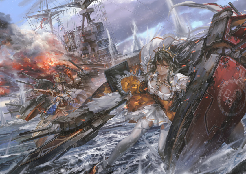 2girls, battleship, black_hair, cannon, crown, dress, earrings, epaulettes, flag, highres, holding, holding_instrument, holding_weapon, instrument, jewelry, long_hair, machinery, military, military_vehicle, multiple_girls, necklace, ocean, outdoors, polearm, queen_elizabeth_(zhan_jian_shao_nyu), red_eyes, royal_navy, royal_oak_(zhan_jian_shao_nyu), ship, standing, standing_on_liquid, stu_dts, thigh-highs, turret, uniform, warship, watercraft, weapon, white_ensign, white_legwear, yellow_dress, zhan_jian_shao_nyu