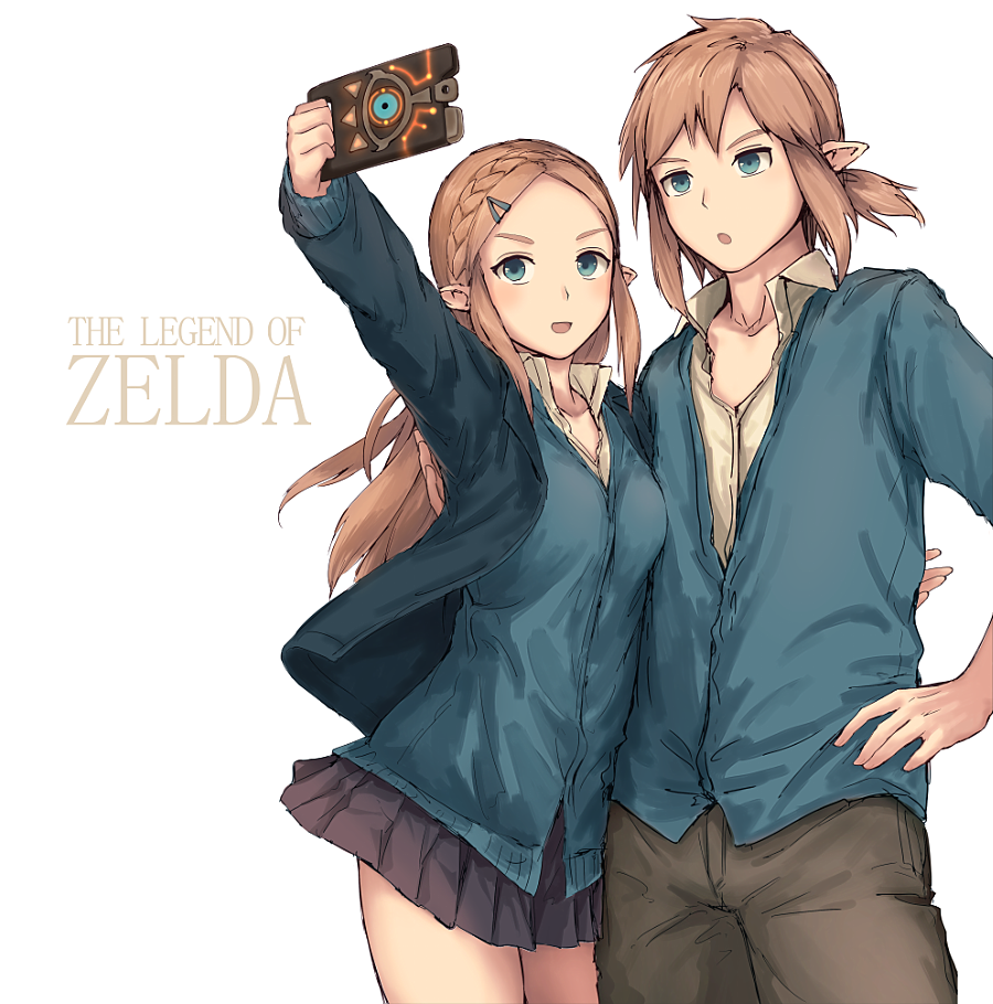 1boy, 1girl, alternate_costume, arm_up, bangs, black_skirt, blonde_hair, blue_jacket