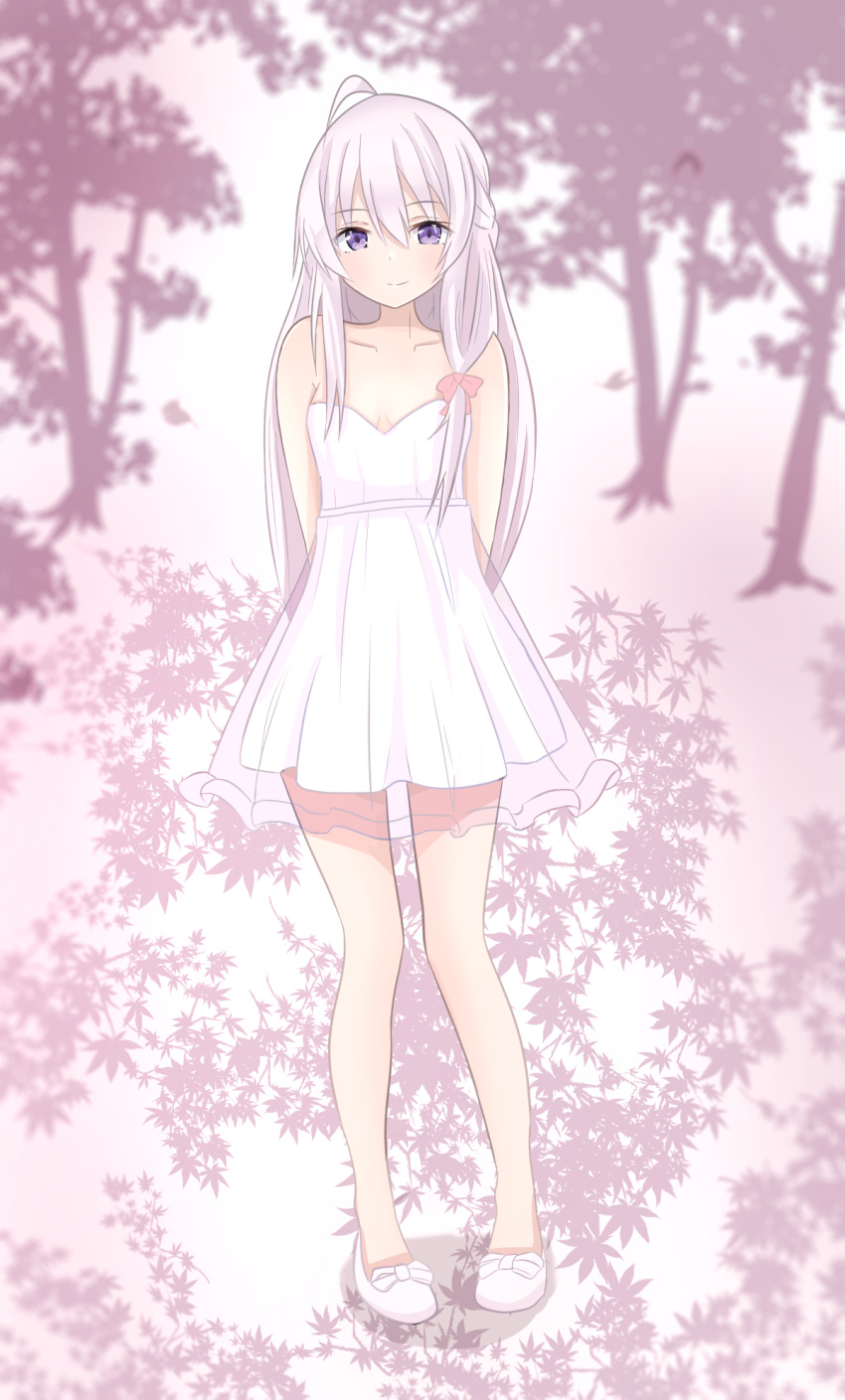 1girl, ahoge, arms_behind_back, bangs, bare_arms, bare_legs, bare_shoulders, bow