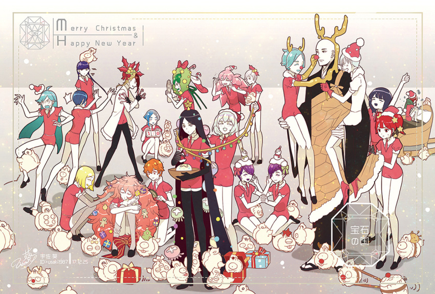 alexandrite_(houseki_no_kuni), amethyst_(houseki_no_kuni), androgynous, antarcticite, benitoite_(houseki_no_kuni), black_eyes, black_footwear, black_gloves