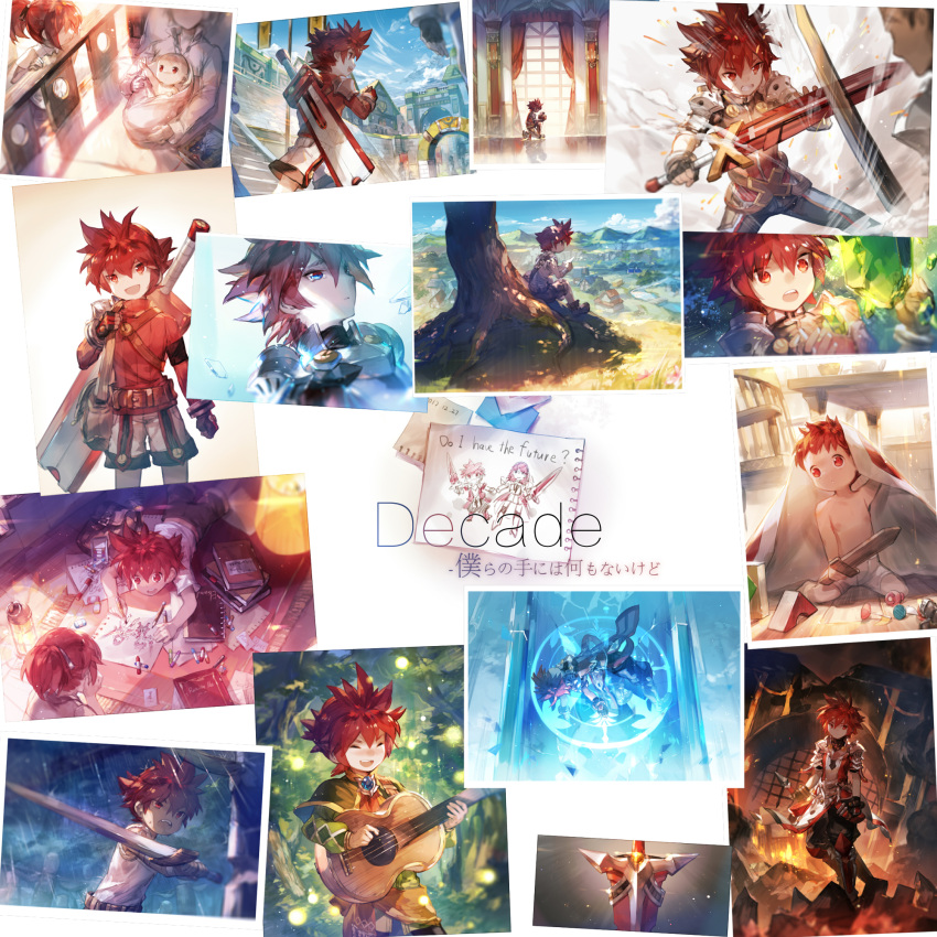2boys, age_progression, alternate_costume, blush, book, city, cityscape, closed_eyes, colored, crying, crying_with_eyes_open, doodle, elesis_(elsword), elsword, elsword_(character), guitar, highres, instrument, knight_(elsword), lord_knight_(elsword), multiple_boys, pauldrons, rain, raven_(elsword), red_eyes, redhead, scorpion5050, short_hair, shorts, smile, stone, sweat, sweatdrop, sword, sword_knight_(elsword), tears, toy, tree, turtleneck, village, weapon, wooden_sword