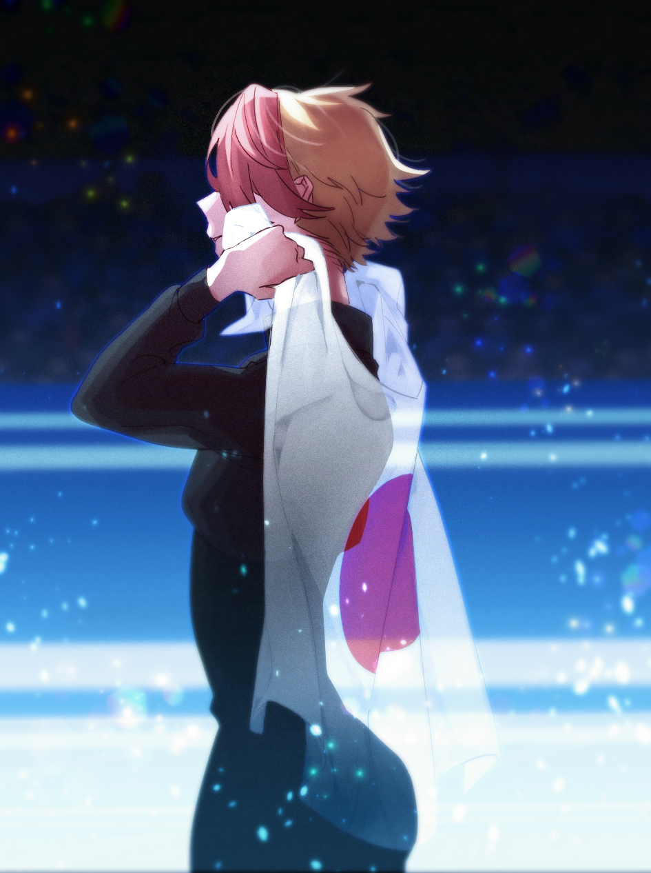 1boy, blonde_hair, blurry, con_potata, depth_of_field, flag, from_behind, highres