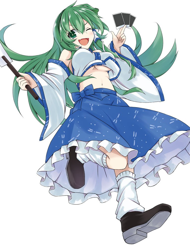 1girl, ;d, akisome_hatsuka, black_footwear, blue_skirt, breasts, detached_sleeves, fang