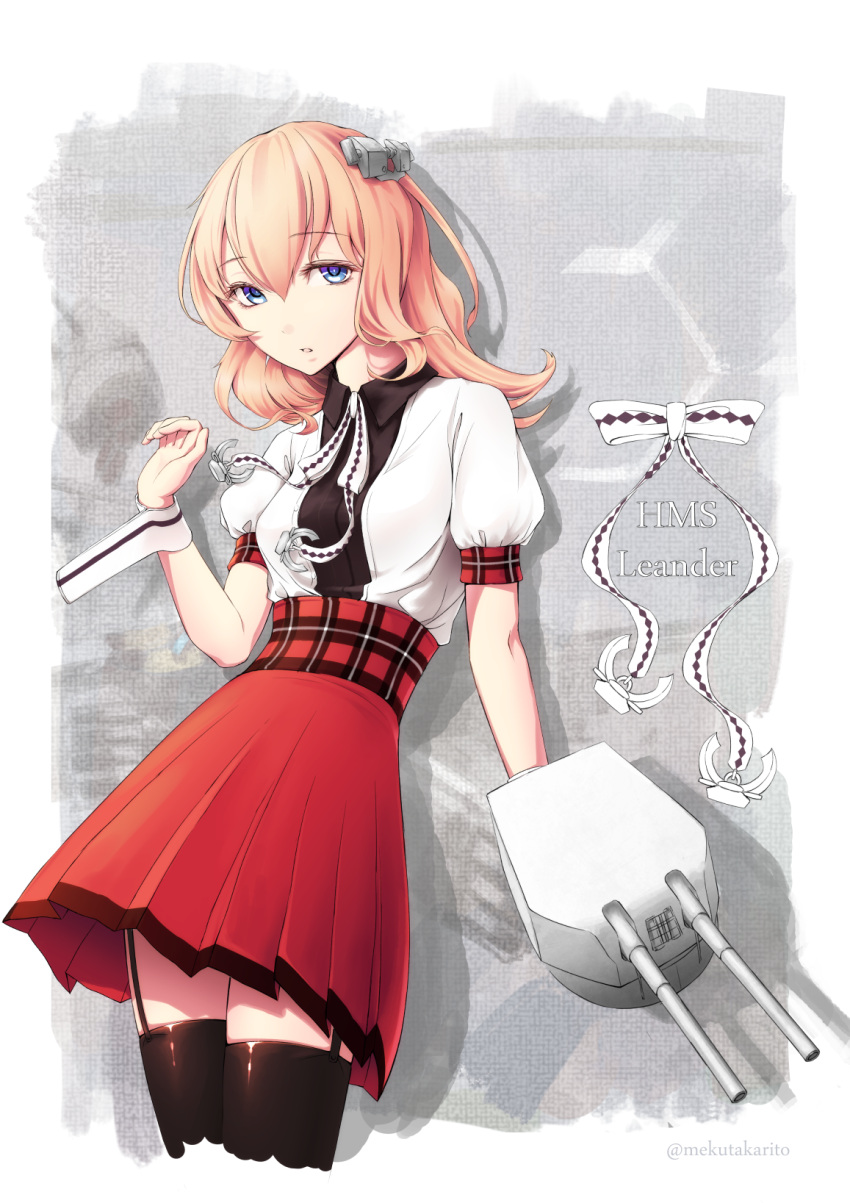 azur_lane, black_legwear, black_shirt, blonde_hair, blue_eyes, cannon, character_name, cowboy_shot