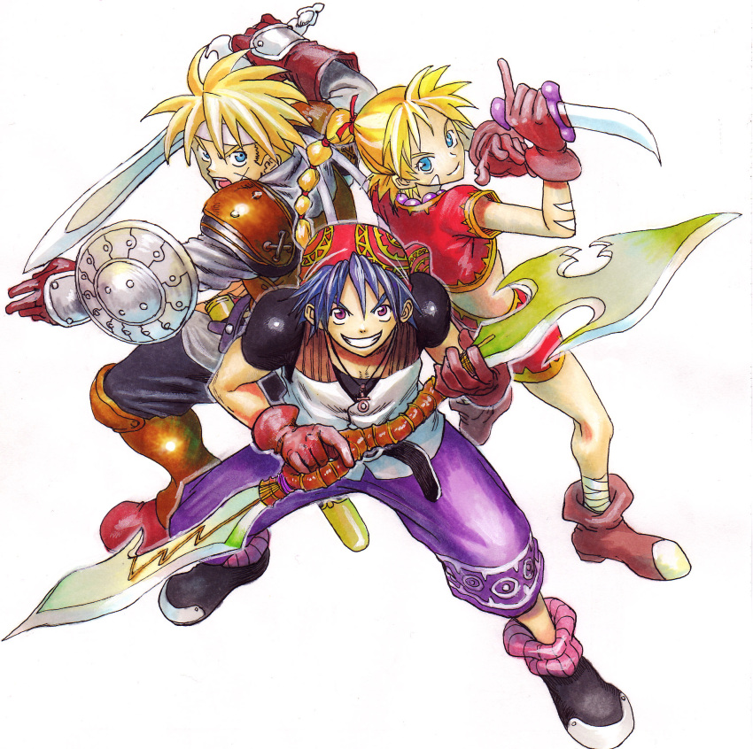 1girl, blonde_hair, blue_eyes, blue_hair, braid, chrono_cross, commentary_request, funtarunta