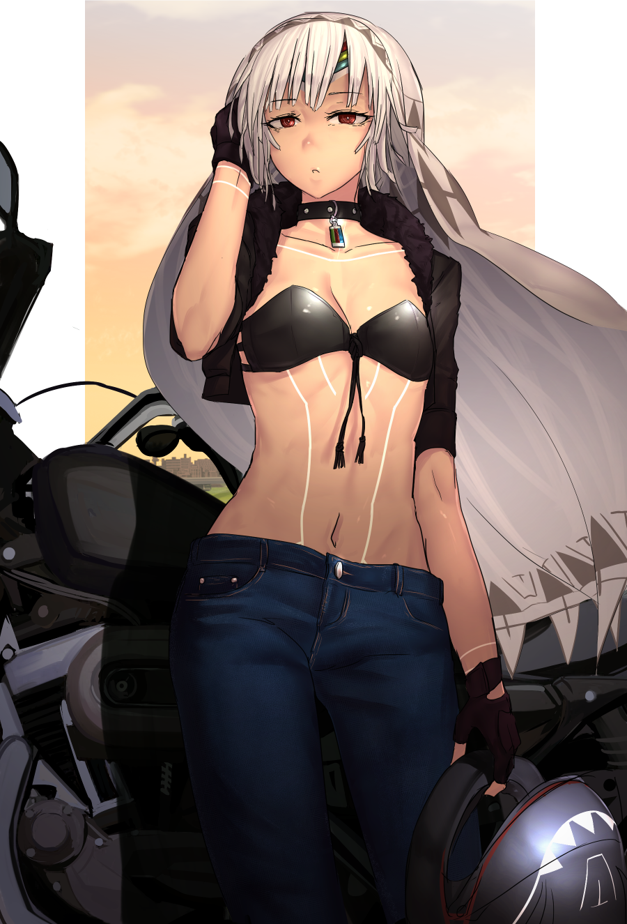 1girl, :o, altera_(fate), alternate_costume, arm_at_side, bikini_top, black_bikini_top, black_gloves, black_jacket, blush, breasts, collar, collarbone, cropped_jacket, denim, evening, fate/grand_order, fate_(series), forehead_protector, gloves, grey_hair, ground_vehicle, hand_in_hair, headwear_removed, helmet, helmet_removed, highres, holding, holding_helmet, i-pan, jacket, jeans, long_hair, looking_at_viewer, motor_vehicle, motorcycle, motorcycle_helmet, navel, open_clothes, open_jacket, open_mouth, orange_sky, outside_border, pants, red_eyes, short_hair, short_sleeves, sky, small_breasts, solo, standing, stomach, strapless, strapless_bikini, sunset, tassel, tatto, tsurime, veil