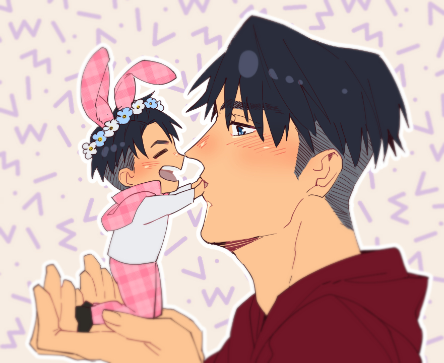 2boys, animal_ears, black_hair, blue_eyes, closed_eyes, con_potata, cosplay, covering_another's_mouth