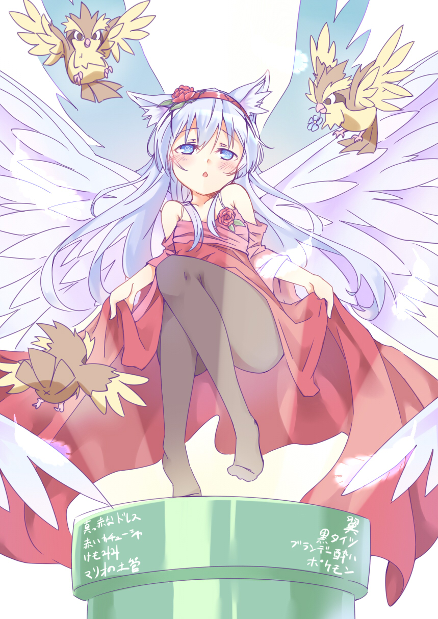 1girl, :o, angel_wings, animal_ears, bangs, black_legwear, blue_eyes, blush, breasts, chestnut_mouth, cloaca, collarbone, convenient_leg, crossover, dress, eyebrows_visible_through_hair, feathers, flower, gochuumon_wa_usagi_desu_ka?, hair_between_eyes, hair_ornament, hairband, hairclip, hetareeji, highres, kafuu_chino, kemonomimi_mode, light_blue_hair, long_hair, looking_at_viewer, no_shoes, pantyhose, pidgey, pokemon, red_dress, red_hairband, rose, sidelocks, skirt_hold, small_breasts, standing, standing_on_one_leg, two-tone_background, warp_pipe, white_wings, wings, x_hair_ornament