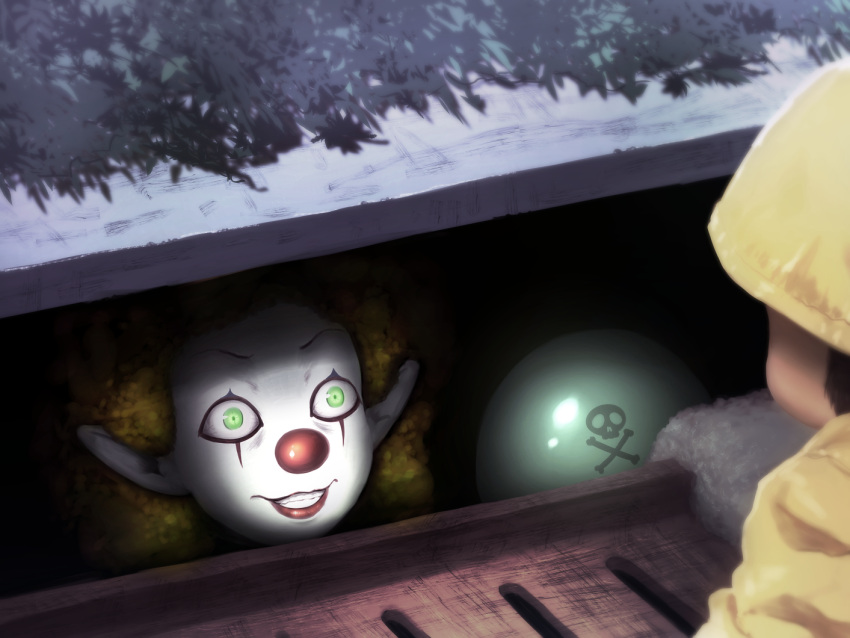 1girl, balloon, child, clown, clown_nose, commentary_request, cosplay, green_eyes