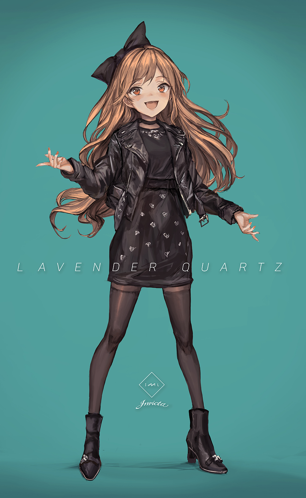 1girl, :d, ankle_boots, bangs, black_bow, black_choker, black_dress, black_jacket
