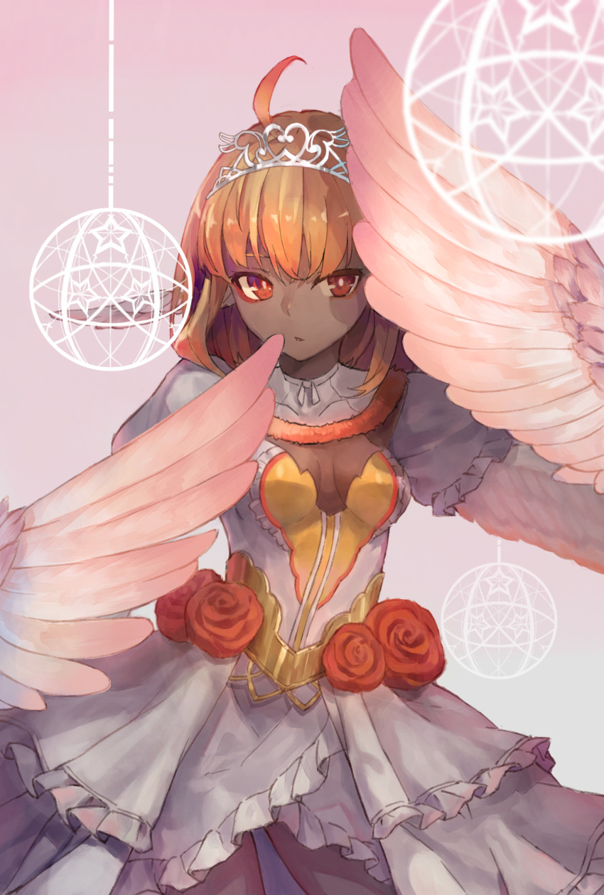 1girl, ahoge, breasts, bright_pupils, commentary_request, contrapposto, cowboy_shot, dark_skin, dress, grey_background, harpy, highres, kobutakurassyu, looking_at_viewer, medium_breasts, monster_girl, orange_hair, original, parted_lips, pointy_ears, puffy_short_sleeves, puffy_sleeves, red_eyes, short_hair, short_sleeves, simple_background, solo, standing, tiara, white_dress