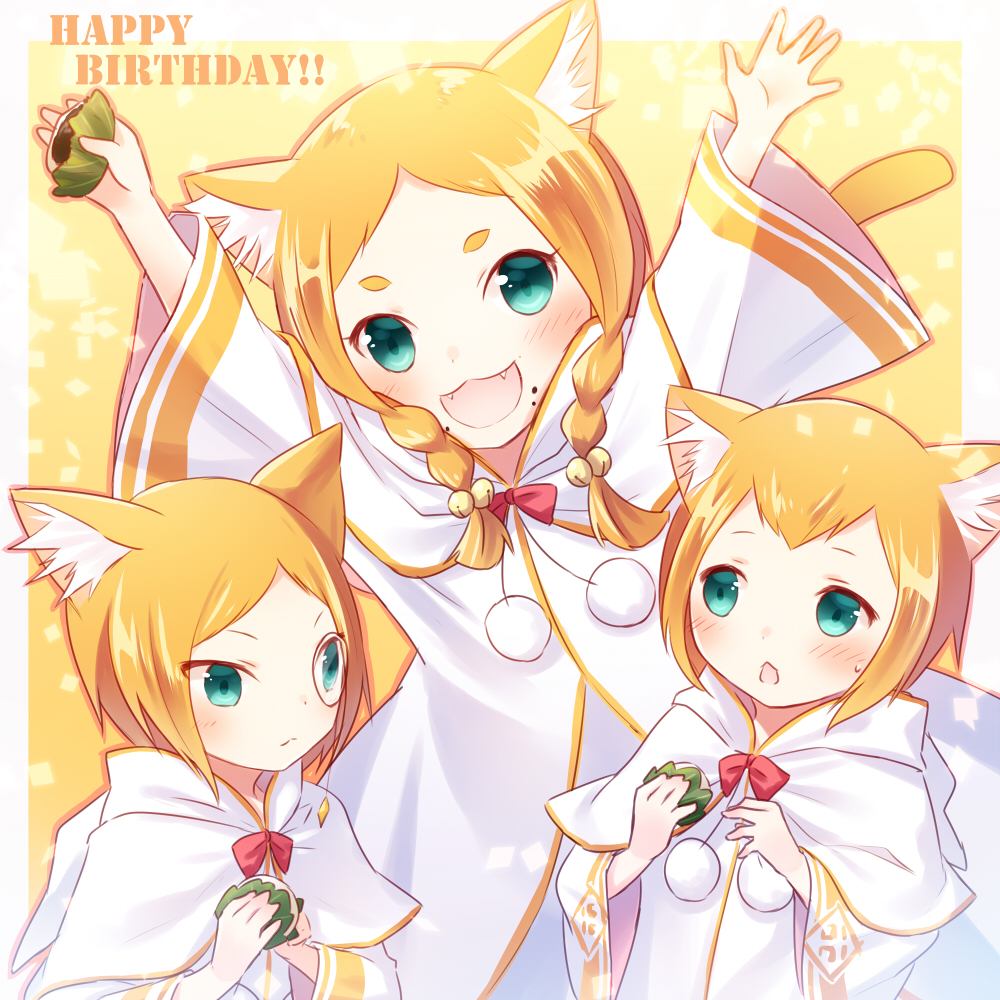 1girl, 2boys, :3, :d, animal_ears, arms_up, bangs, bell, blush, bow, braid, brother_and_sister, brothers, cat_ears, closed_mouth, commentary_request, fangs, green_eyes, hair_bell, hair_ornament, happy_birthday, heitarou_pearlbaton, jingle_bell, kashiwa_mochi_(food), long_hair, long_sleeves, looking_at_viewer, looking_to_the_side, mimi_pearlbaton, monocle, multiple_boys, open_mouth, orange_hair, outstretched_arms, parted_bangs, parted_lips, pom_pom_(clothes), ransui, re:zero_kara_hajimeru_isekai_seikatsu, red_bow, robe, short_hair, siblings, smile, thick_eyebrows, tivey_pearlbaton, twin_braids, white_robe, wide_sleeves