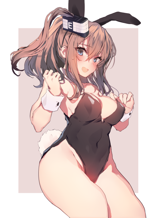 1girl, animal_ears, black_leotard, blue_eyes, breasts, brown_hair, bunny_tail, bunnysuit
