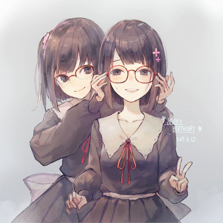 2girls, :d, adjusting_another's_glasses, black_dress, character_request, closed_mouth, dated, dress