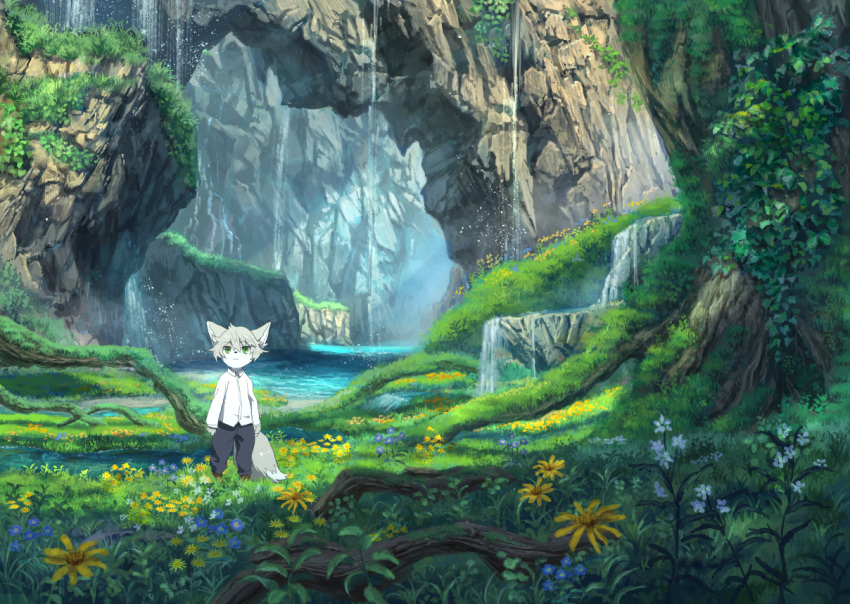 1boy, animal_ears, black_pants, fantasy, flower, furry, grass, green_eyes, grey_hair, long_sleeves, moss, original, pants, pippi_(pixiv_1922055), river, roots, scenery, shirt, solo, standing, tail, water, waterfall, white_shirt