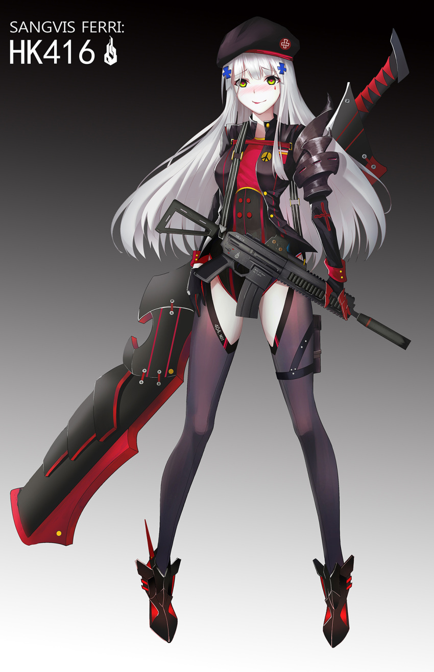 1girl, :p, albino, alternate_costume, ammunition_pouch, ankle_boots, arm_guards, assault_rifle