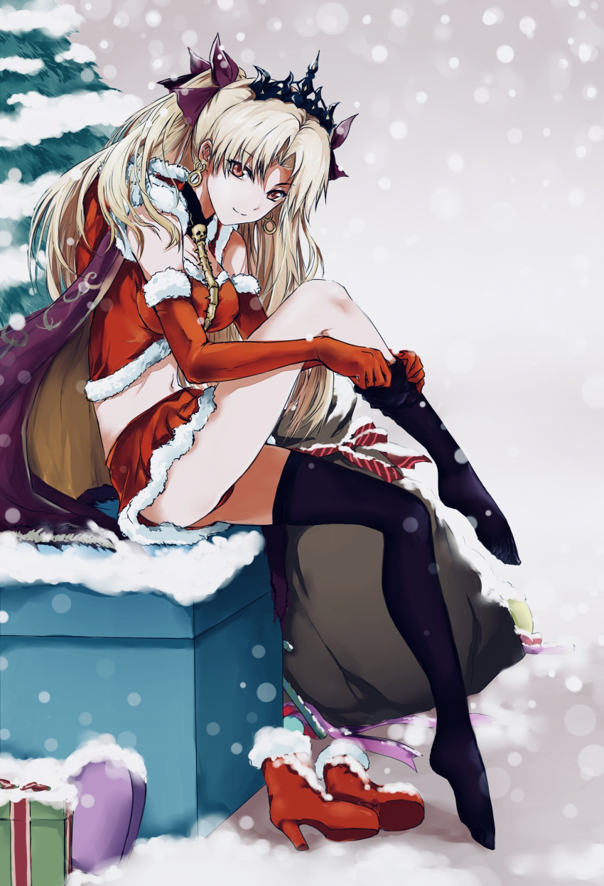 1girl, adjusting_clothes, adjusting_legwear, alternate_costume, black_legwear, blonde_hair, box, breasts