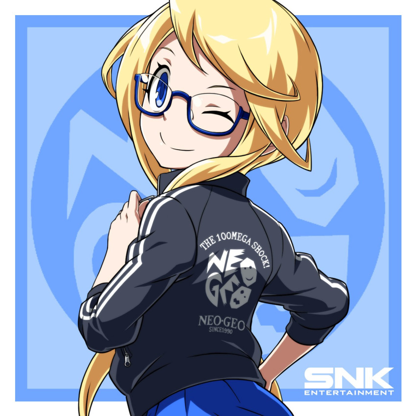 1girl, ;), blonde_hair, blue-framed_eyewear, blue_eyes, commentary, english_commentary, enta_girl