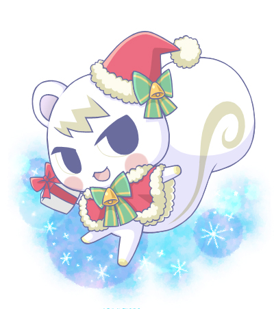 1boy, animal_ears, aogiri_rick, bell, bow, bowtie, doubutsu_no_mori, fur_trim, furry, gift, hat, jun_(doubutsu_no_mori), lowres, open_mouth, santa_hat, simple_background, snowflakes, solo, squirrel_ears, squirrel_tail, tail, white_background