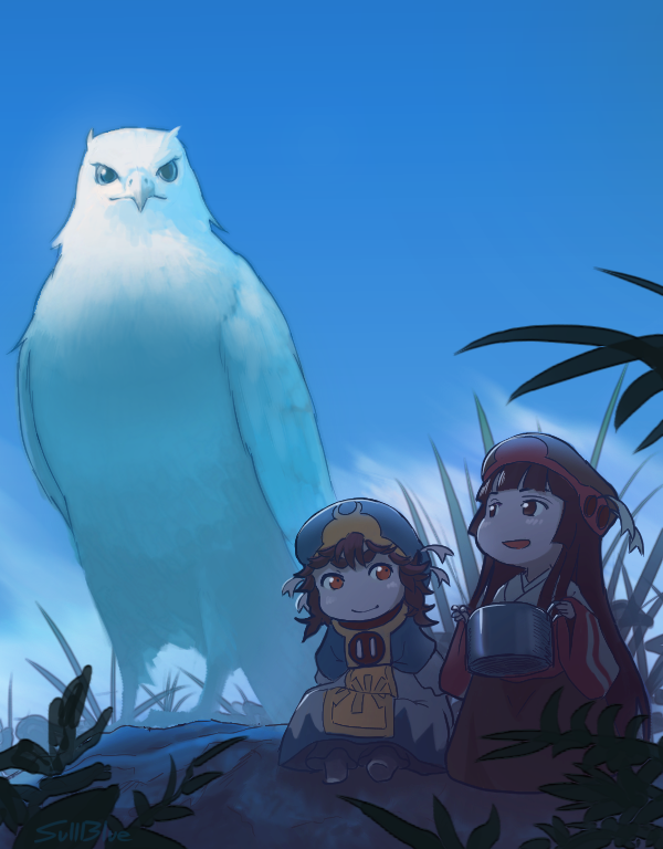 2girls, bird, black_hair, blue_sky, brown_eyes, brown_hair, dress, hakumei_(hakumei_to_mikochi)