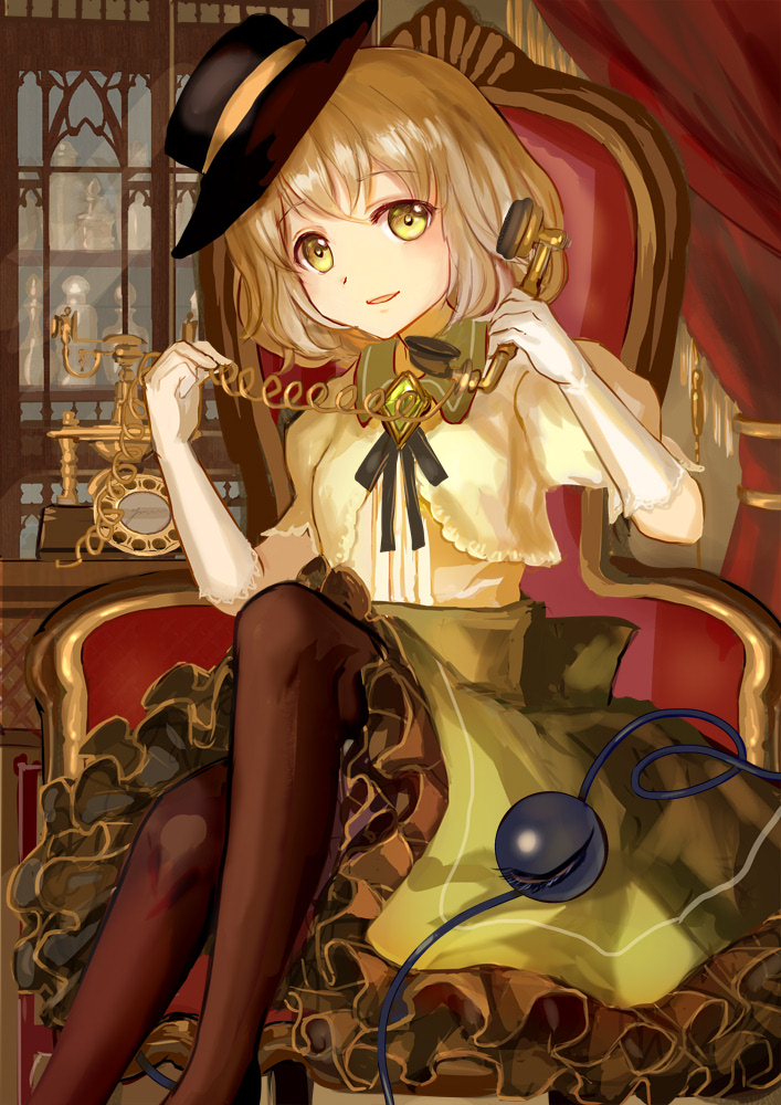 1girl, adapted_costume, alternate_headwear, antique_telephone, black_ribbon, blonde_hair, blouse, brown_legwear