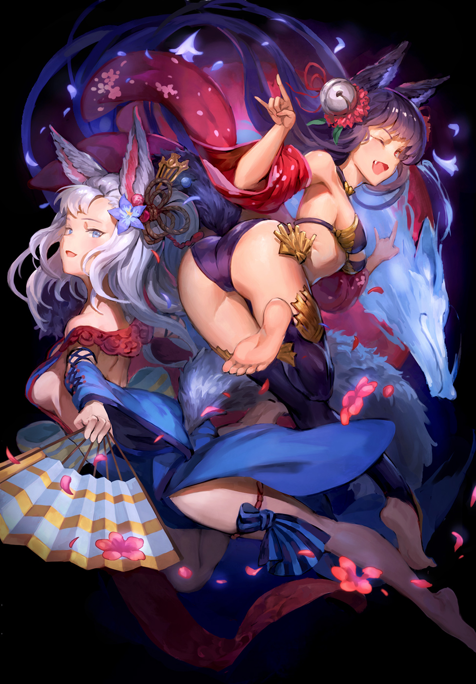 1girl, 2girls, animal_ears, ass, barefoot, bell, blue_eyes, breasts, detached_sleeves, ecens, erun_(granblue_fantasy), fan, feet, fox_ears, fox_shadow_puppet, fox_tail, granblue_fantasy, hair_bell, hair_ornament, highres, japanese_clothes, kimono, long_hair, multiple_girls, panties, purple_hair, sideboob, silver_hair, socie_(granblue_fantasy), soles, tail, thigh-highs, toes, underwear, white_hair, yuel_(granblue_fantasy)