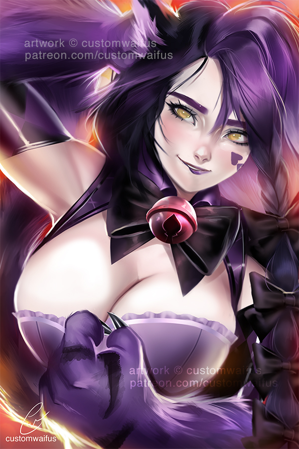 1girl, animal_ears, artist_name, bell, biting, black_bow, black_hair, black_neckwear, bow, bowtie, braid, breasts, cat_ears, cheshire_cat_(monster_girl_encyclopedia), claws, cleavage, custom_waifus, elbow_gloves, facial_tattoo, gloves, hair_between_eyes, hair_bow, hand_behind_head, heart, jingle_bell, large_breasts, lip_biting, lipstick, long_hair, looking_at_viewer, makeup, monster_girl_encyclopedia, multicolored_hair, naughty_face, patreon_username, paws, purple_hair, purple_lipstick, side_braid, smile, smirk, solo, tattoo, two-tone_hair, watermark, yellow_eyes