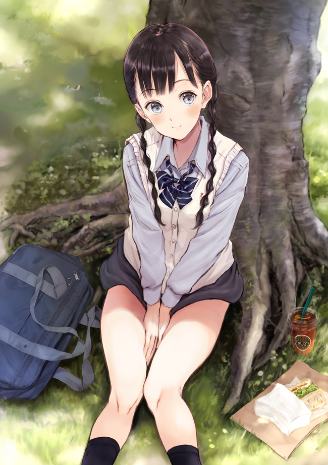 1girl, against_tree, bag, between_legs, black_hair, black_legwear, blue_bow, blue_eyes