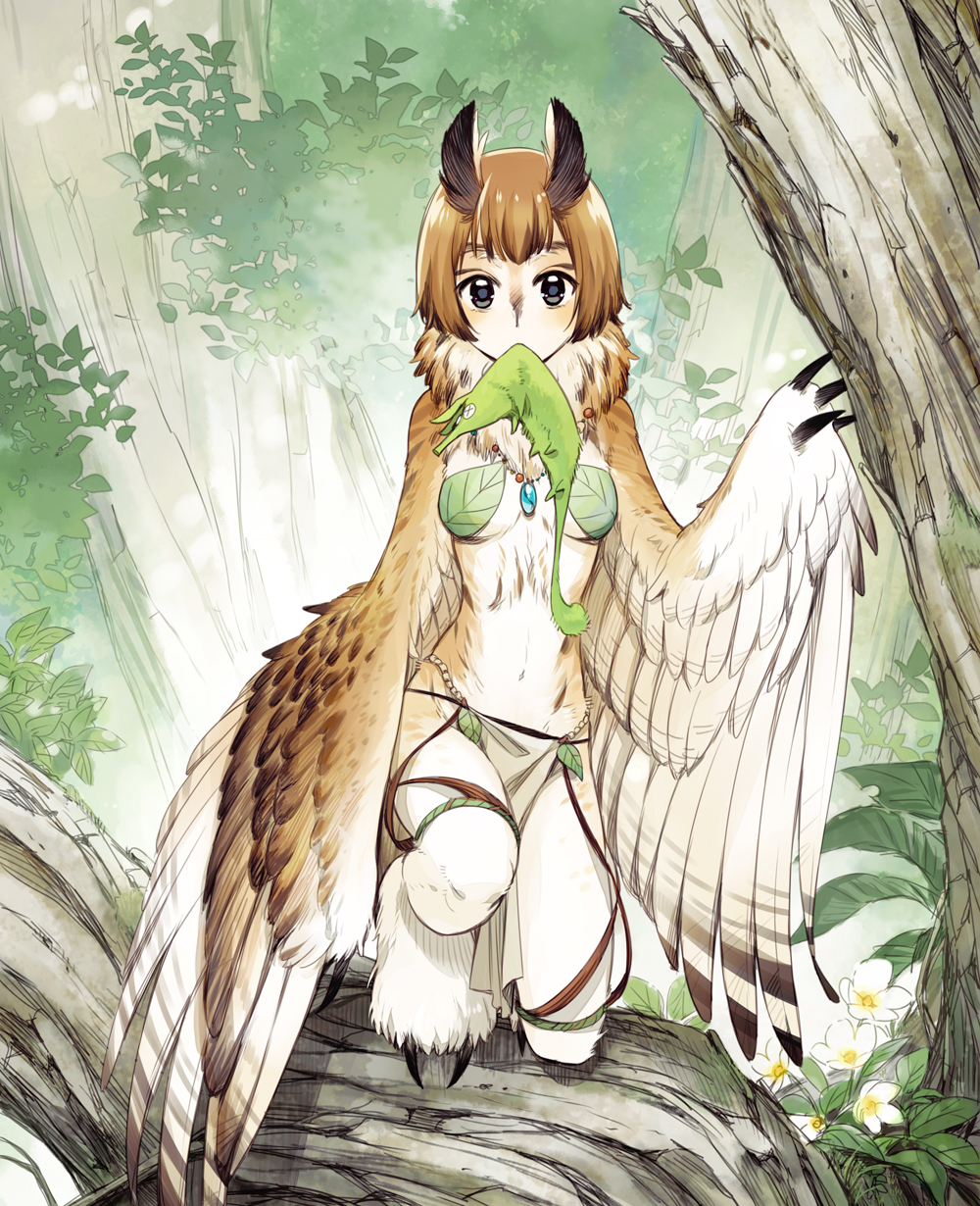 1girl, black_eyes, brown_hair, claws, commentary_request, creature, day, feathered_wings