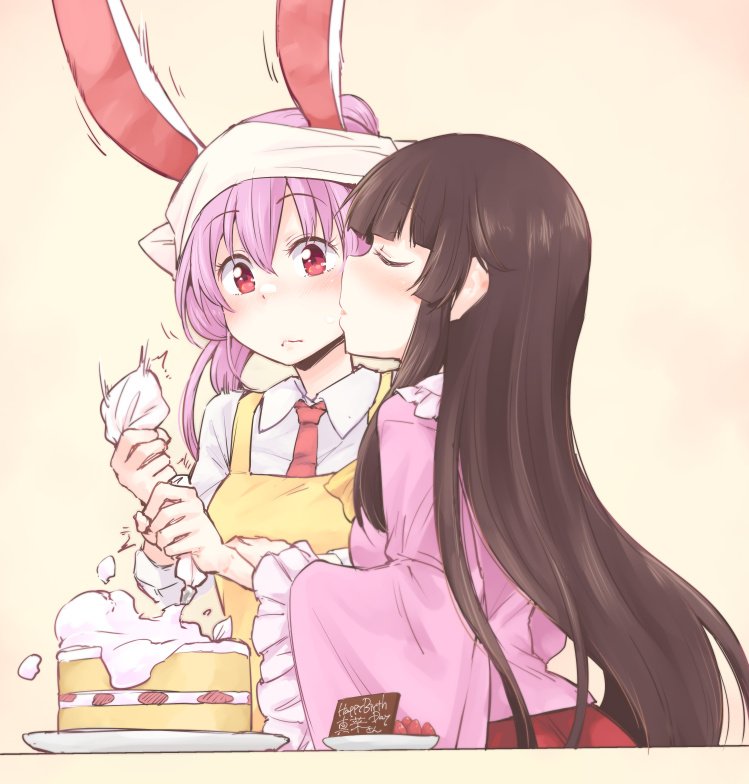 2girls, animal_ears, apron, black_hair, blush, cake, cheek_kiss, closed_eyes