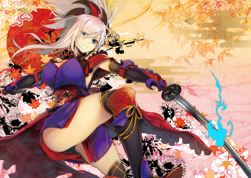 1girl, asymmetrical_hair, autumn_leaves, black_legwear, black_panties, blue_eyes, blue_kimono, breasts