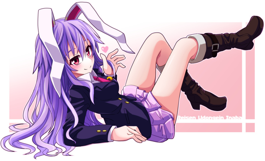 1girl, animal_ears, arm_support, blazer, blush, boots, breasts, character_name