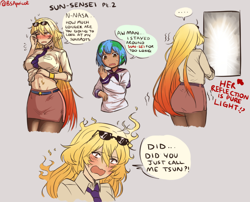 1girl, black_legwear, blush, breasts, danielle_brindle, earth-chan, english, eyewear_on_head