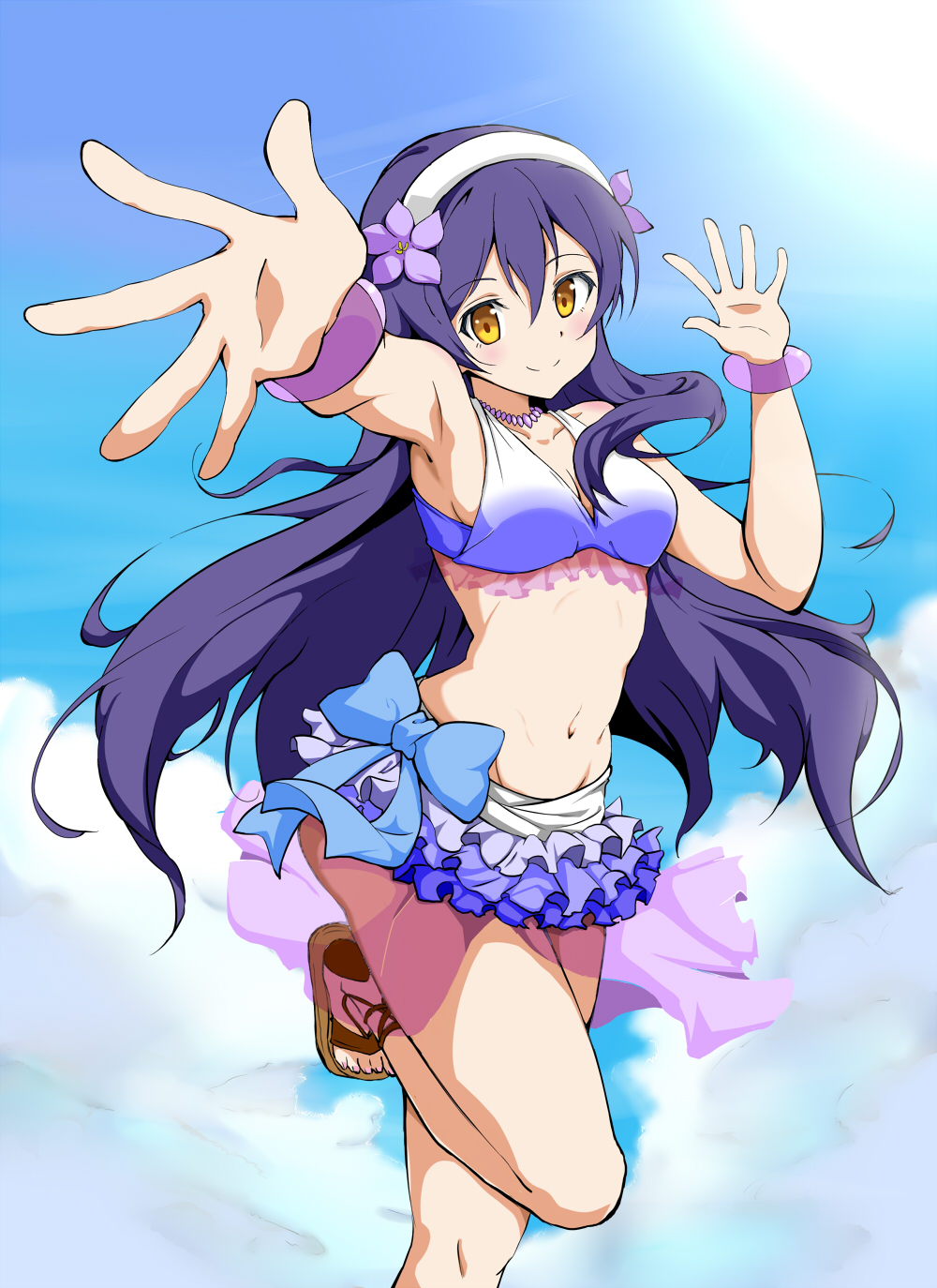 1girl, bangs, bikini, bikini_skirt, blue_hair, bracelet, commentary_request, flower, frilled_bikini, frills, frolaytia, gradient, hair_between_eyes, hair_flower, hair_ornament, hibiscus, highres, jewelry, leg_up, long_hair, looking_at_viewer, love_live!, love_live!_school_idol_project, natsuiro_egao_de_1_2_jump!, necklace, outstretched_arm, ribbon, smile, solo, sonoda_umi, swimsuit, yellow_eyes