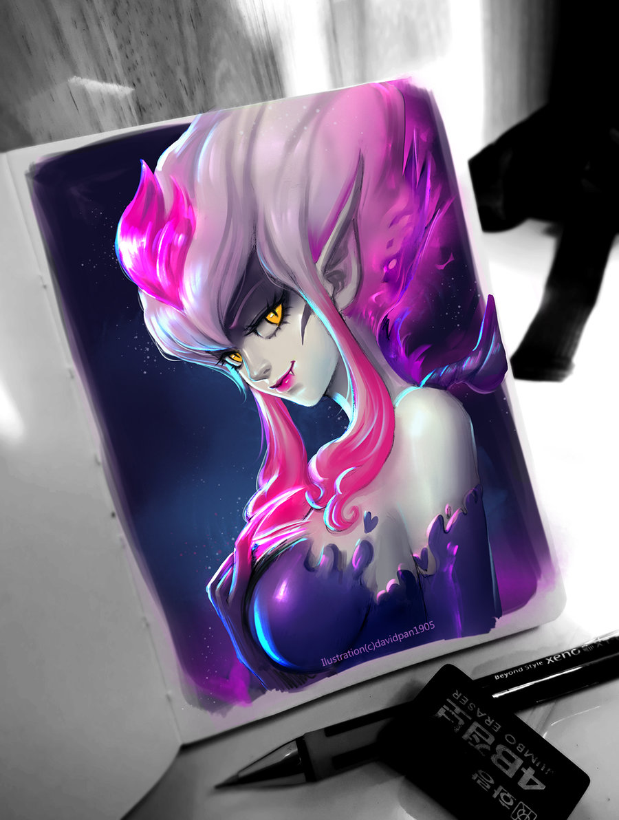 1girl, bare_shoulders, breasts, claws, david_pan, evelynn, eyelashes, fang